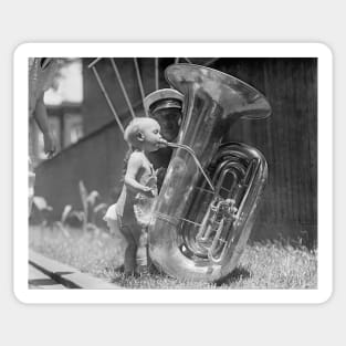 Baby Playing Tuba, 1923. Vintage Photo Sticker